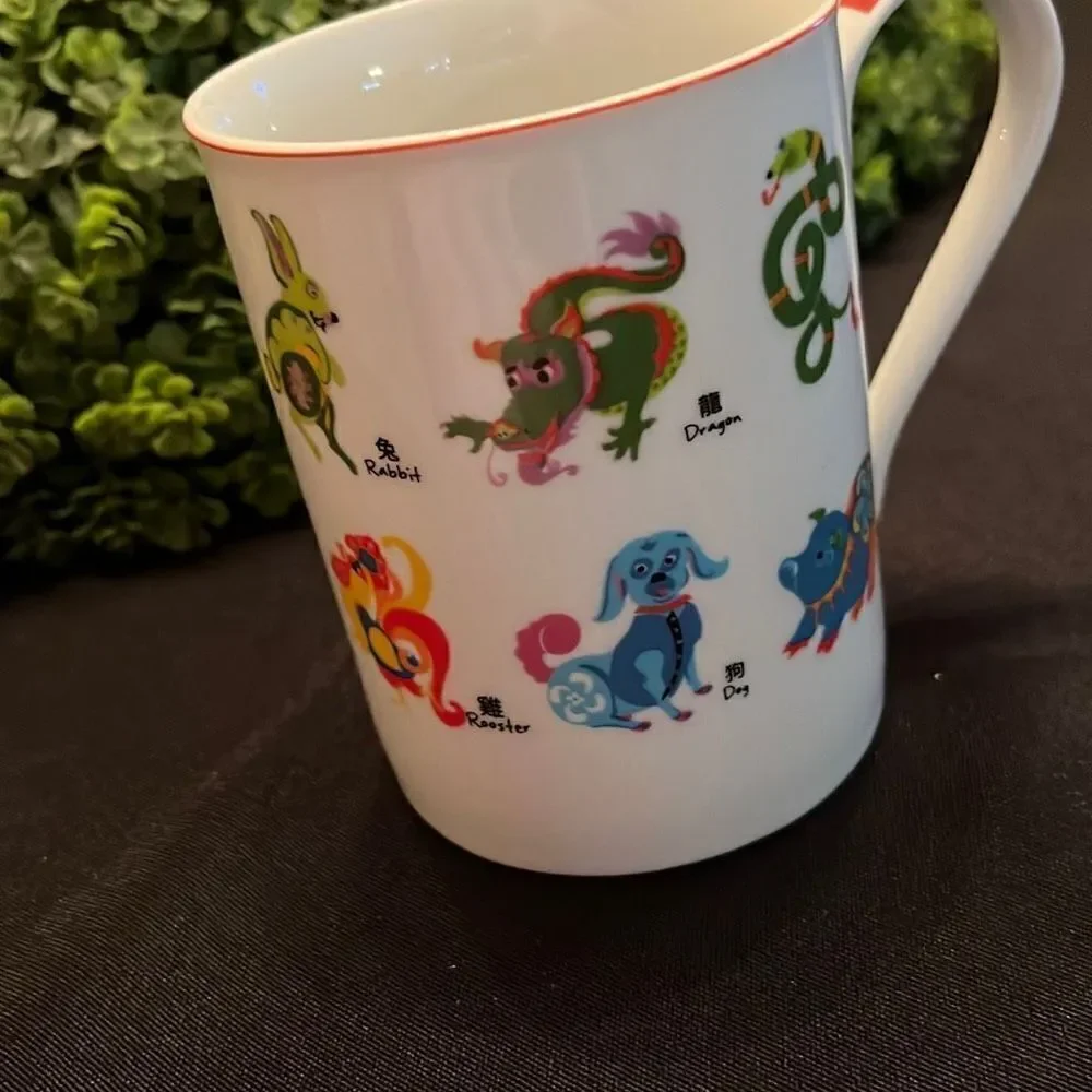 Pier 1 Chinese Zodiac Coffee Tea Mug Cup Porcelain White Red Handle